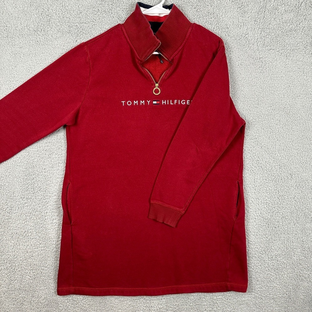 Tommy Hilfiger Sweatshirt Pullover Women Large Red Fleece Lined Quarter Zip Logo
